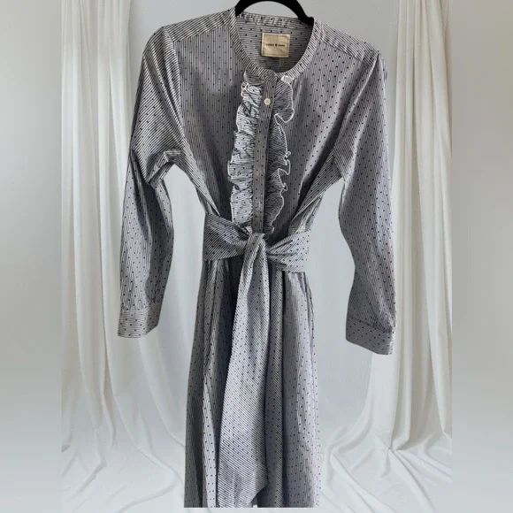Court & Rowe Ruffle Flocked Dot Pinstripe Long Sleeve 100% Cotton Shirtdress - Picture 2 of 7